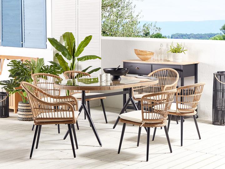 Actual product image Beliani Garden Furniture Set Rattan Natural 6-Seater Cushions Beige ALIANO II (159 cm)