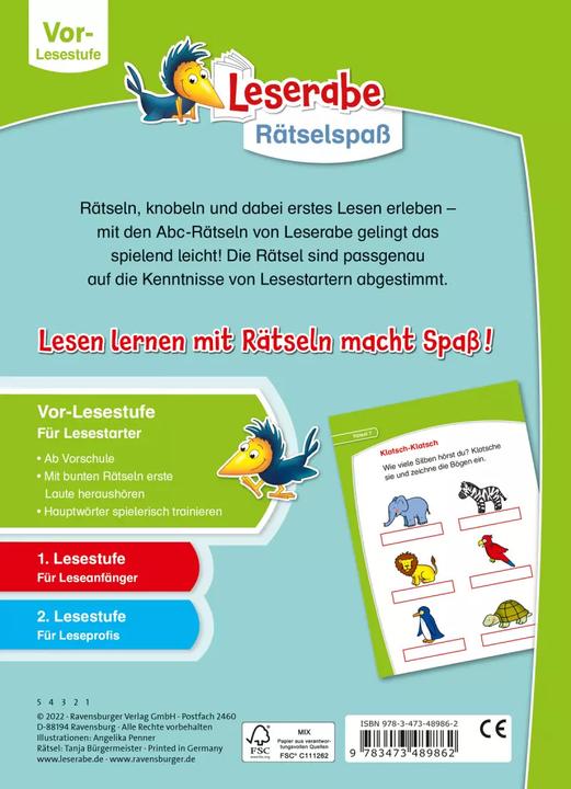 Produktbild Ravensburger Leserabe Rätselspass - Abc-Rätsel für Lesestarter ab 5 Jahren - Vor-Lesest (Deutsch, Tanja Bürgermeister, 2022)