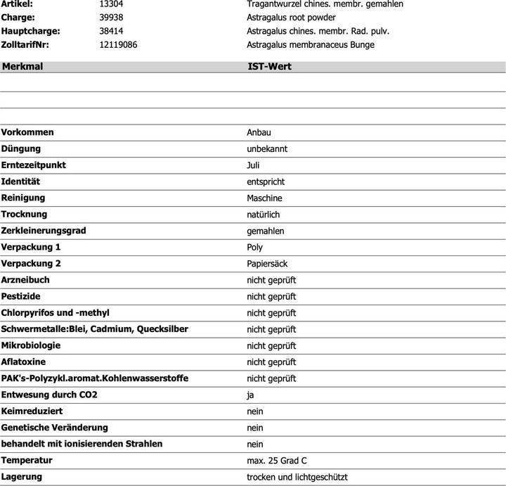Valori nutrizionali e ingredienti Zimmerli Adaptogene Tè all'astragalo (100 g)