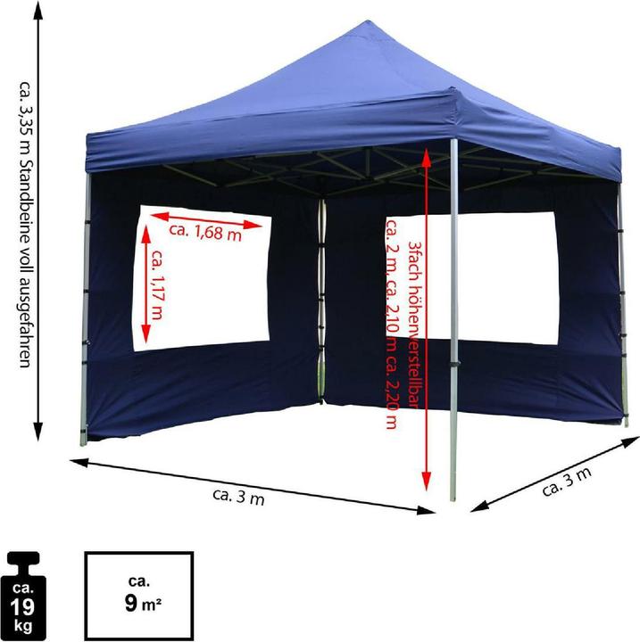 Actual product image VCM PROFI Falt Pavillon Partyzelt mit 2 Seitenteilen 3x3m blau wasserdichtes Dach (300 cm, 300 cm)