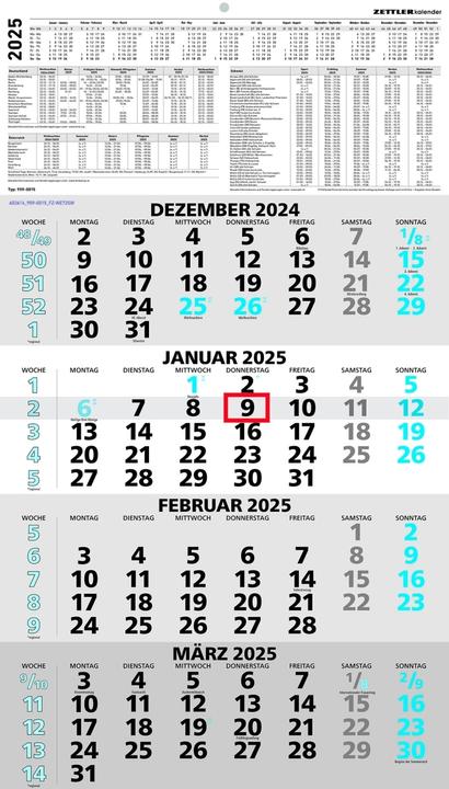 Produktbild 4-Monatskalender 2025 blau, 33x45cm, Bürokalender mit Jahresübersicht, Datumsschieber (Kein Einband, Deutsch)