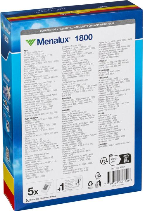 Produktbild Menalux 1800, 5 Vacuum Cleaner Bags, Duraflow Fresh with Anti-Odour, Suitable for s-Bag, UltraSilenc (5 x)