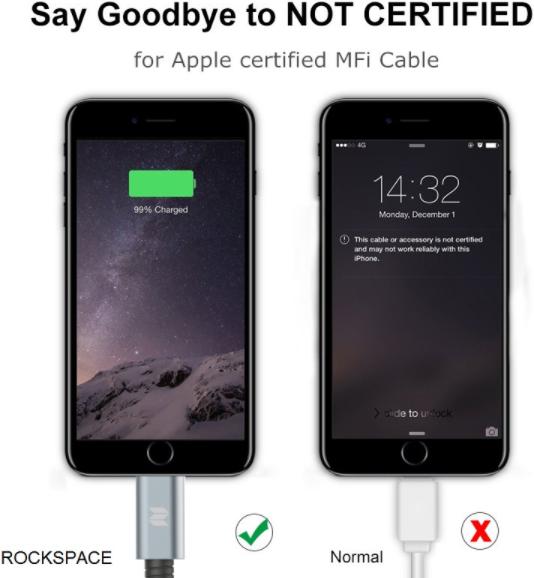 Actual product image Rock Space MFI Lightning cable (1 m, USB 2.0)