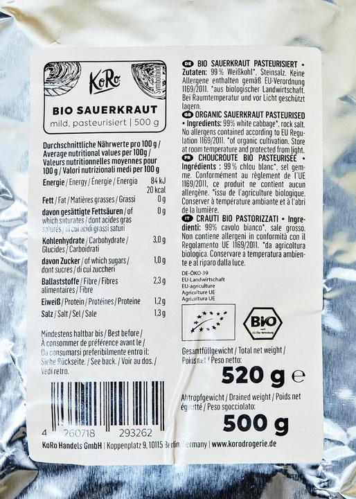 Nutritional values and ingredients KoRo Pasteurised organic sauerkraut (10000 g)