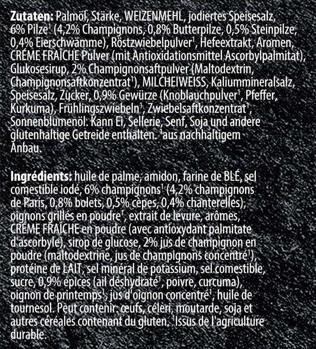 Valeurs nutritives et ingrédients Knorr Suprême Soupe de champignons des bois sachet avec champignons, cèpes, chanterelles & crème fraîche