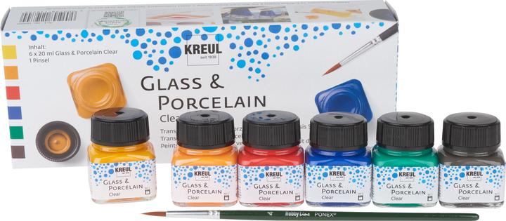 Actual product image Kreul glass & porcelain clear, set of 6 (Dark green, Cherry red, Sun yellow, Espresso brown, Dark Blue, Orange, 120 ml)