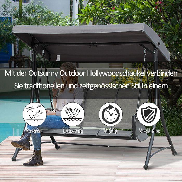 Produktbild Swisshandel24 3-Sitzer Hollywoodschaukel, Gartenschaukel mit Sonnendach, Schaukelbank mit Ablage, Aluminium, Grau