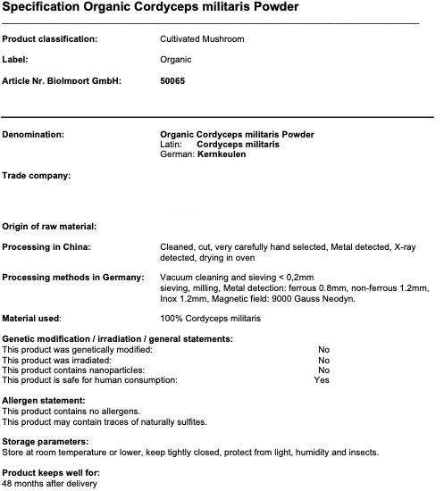 Nährwerte und Zutaten Zimmerli Adaptogene Cordyceps Pulver (BIO) (1 Stück, Pulver, 100 g)