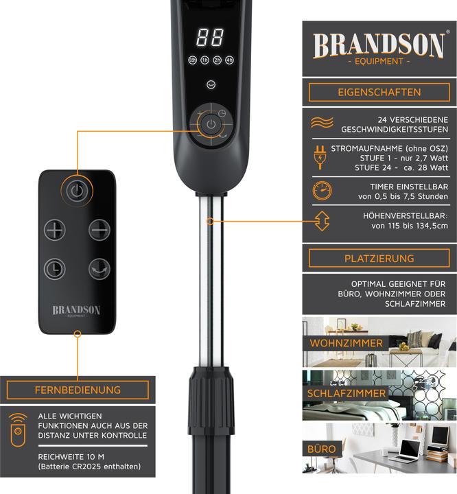 Actual product image Brandson Pedestal fan 45.5cm Ø, DC, quiet, remote control, energy-saving, oscillation, 25 speeds, black (60 dB)