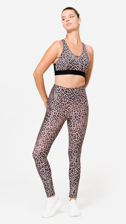 Produktbild Decathlon Sport-Bustier Damen Schwimmerrücken und Pads mittlerer Halt - schwarz/beige Leo (L)