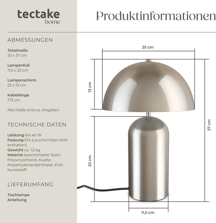 Produktbild tectake Kleine Retro-Tischlampe Altea, Pilzdesign, 40W (E14)