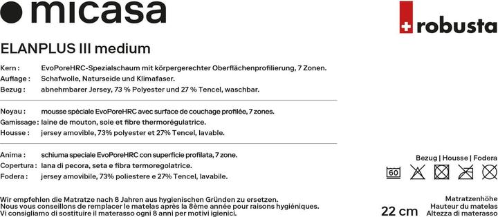 Nährwerte und Zutaten Robusta Swiss Bedding Elanplus III medium (120 x 200 cm, Schaumstoffkern)