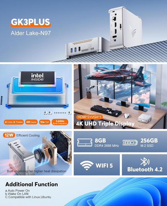 Produktbild NiPoGi GK3 Plus Mini PC mit Intel Alder Lake-N97 und 4K Triple Display (8.19 GB, 256 GB)