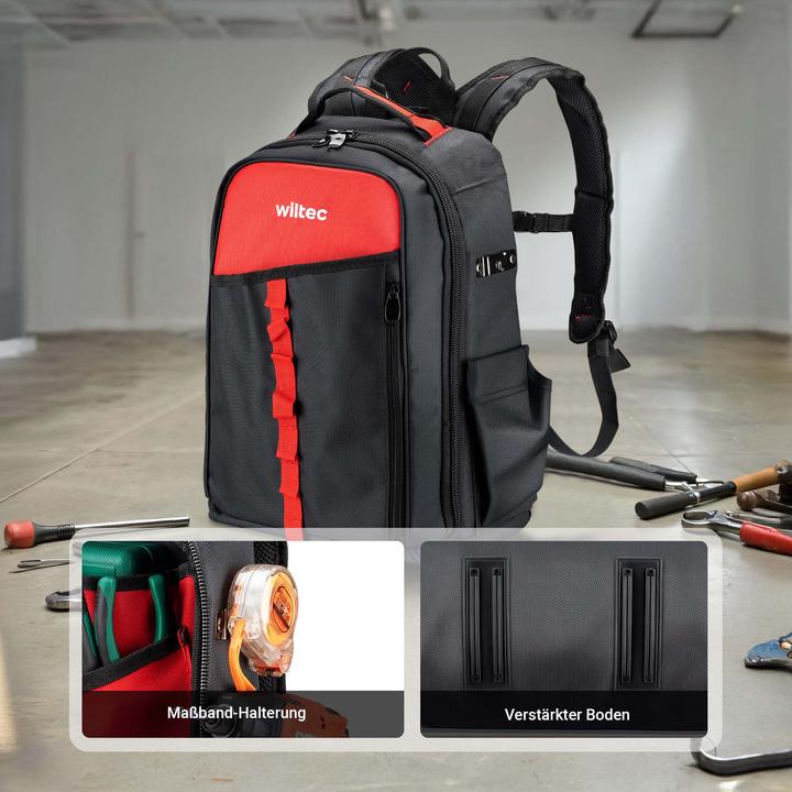 Actual product image Wiltec Werkzeugrucksack 33x20x43cm Werkzeugtasche 16 Fächer Werkzeug Rucksack