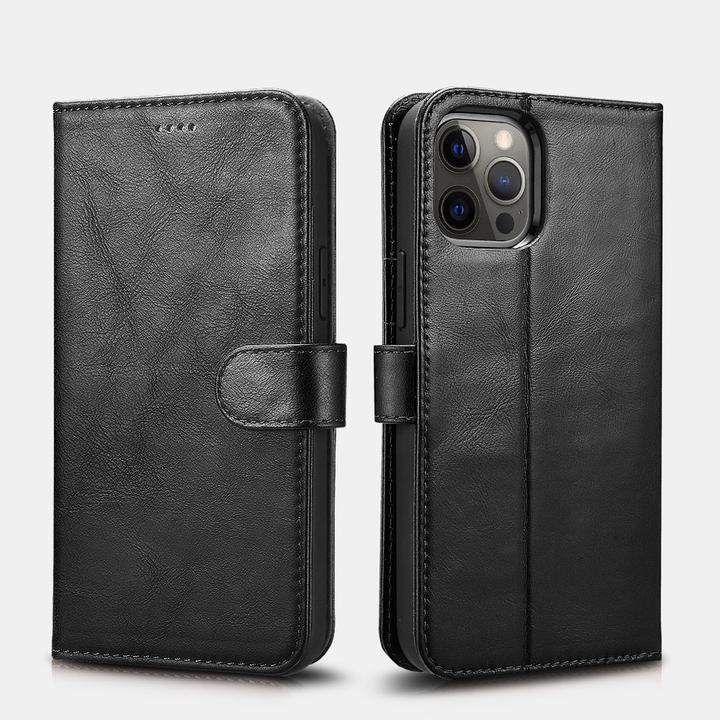 Actual product image iCarer iPhone 12 Pro Max - Crazy Horse genuine leather wallet case, 2in1 with RFID protection, black (Apple iPhone 12 Pro Max)