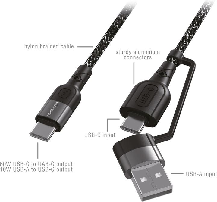Produktbild 4smarts USB-Ladekabel USB-C -USB-A/C 1.5 m, monochrom, Textil (1.50 m, USB 2.0, 60 W)