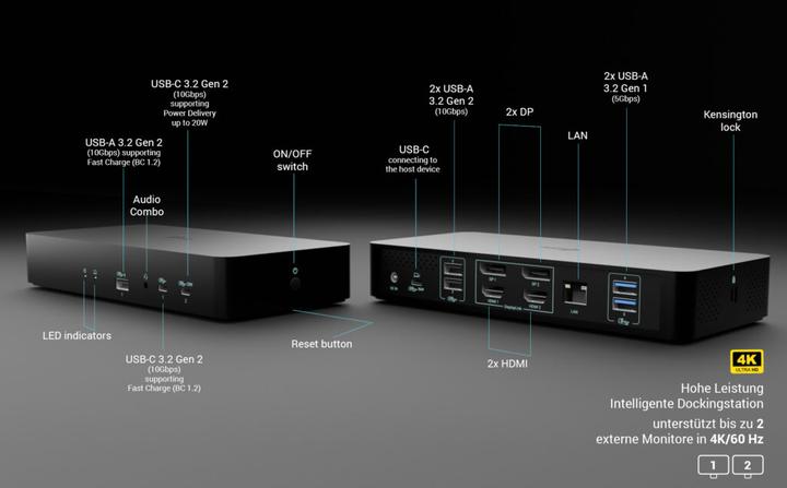 Image du produit i-tec USB-C/A Intelligent Dual DS+PD100W, universel (USB-C, 9 Ports)