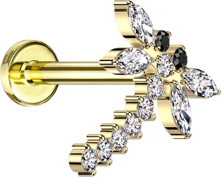 Star Piercing Micro Labret Innengewinde vergoldet Libelle vergoldet Kristalle silber (ohne Messing, Titan G23)