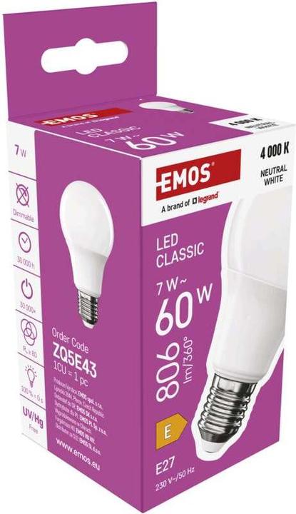 Produktbild Emos LED Lampe Classic A60 / E27 / 7 W (60 W) / 806 lm / Neutral Weiss (E27, 7 W, 806 lm, 1 x, E)