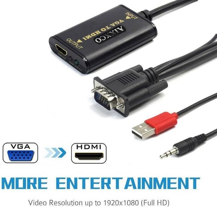 Actual product image JTI VGA to HDMI converter with USB and 3.5 mm cables
