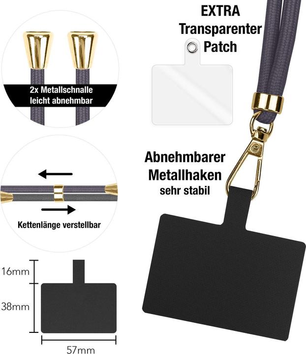 Produktbild Nalia Handyband + Pad für Hülle zum Umhängen, Karabinerhaken Anhänger aus Metall (gold)