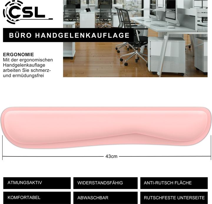 Produktbild CSL Tastatur Handballenauflage, 43 cm Keyboard Handgelenkschoner, ergonomische Haltung, abwaschbar, rosa
