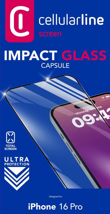 Immagine prodotto Cellularline Impact Glass Capsule - iPhone 16 Pro Vetro temperato resistente da bordo a bordo (1 Pezzo/i, Apple iPhone 16 Pro)