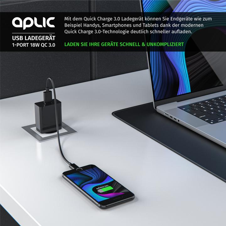 Actual product image Aplic USB charger 3000 mA, Quick Charge 3.0 USB charger 1x USB A QC 3.0 port, max. 3A via QC, black