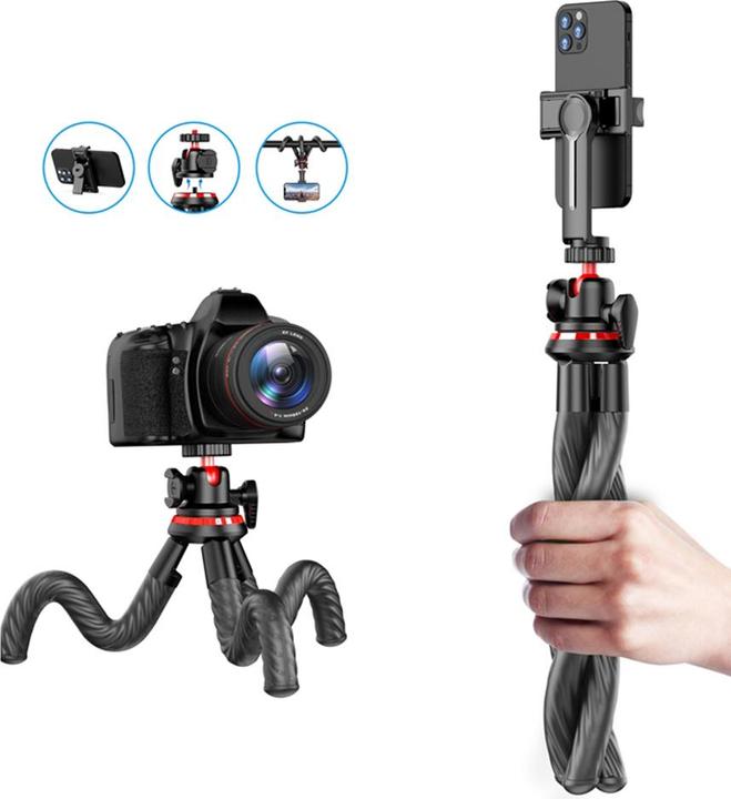 Techsuit - Selfie Stick (C02) - for Phones and Action Cameras, with Flexible Tripod, 43cm - Black