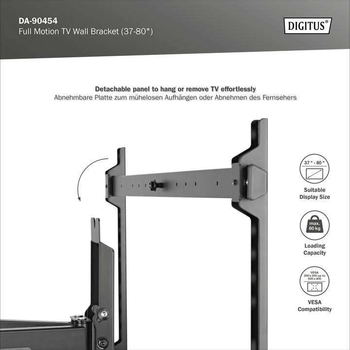 Produktbild Digitus Wandhalterung 600x400 -60kg 37-80"/full motion/neig/schwenk (Wand, 80", 60 kg)