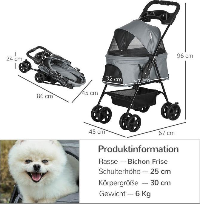 Image du produit Swisshandel24 Poussette pour chien Poussette pour chien pliable Gris Oxford 67 x 45 x 96 cm (Chien, Pliable)