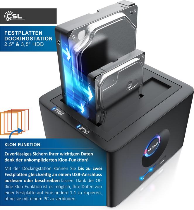 Produktbild CSL Festplatten Dockingstation, USB 3.2 Gen 1 Festplattendockingstation, Klonfunktion für 2,5" & 3,5"