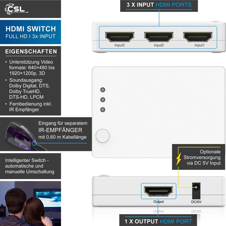 Produktbild CSL 3 Port HDMI Switch, Audio / Video Verteiler mit Verstärker, 3D, Full HD, inkl. Fernbedienung, weiss