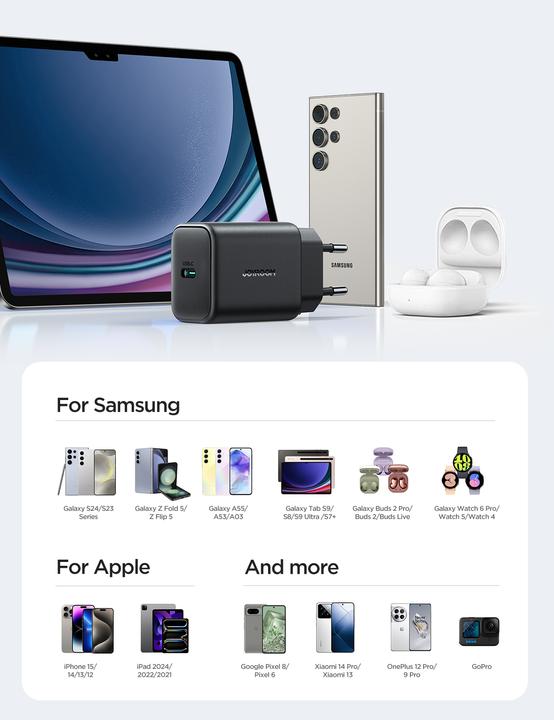 Actual product image Joyroom 25W Single USB-C Charger with 60W C to C Cable, 1m - Black (25 W)