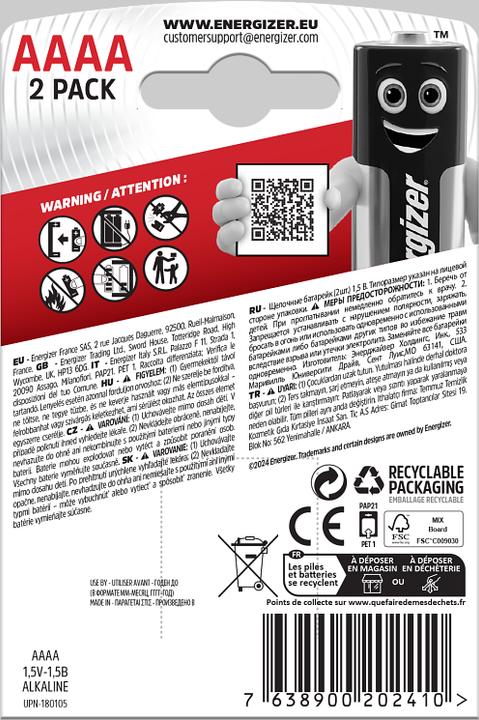 Produktbild Energizer Max Alkaline (2 Stk., AAAA, 595 mAh)