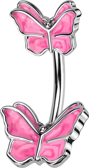 Star Piercing Banane silber mit zwei Schmetterlinge pink (Messing, Chirurgenstahl 316L)