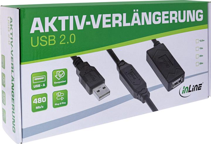 Produktbild InLine USB 2.0 Aktiv-Verlängerung, USB-A Stecker/Buchse, 20m (20 m, USB 2.0)