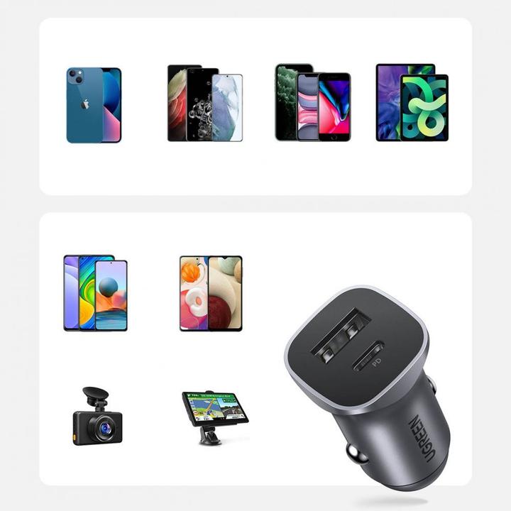 Image du produit Ugreen CD130 Car Charger, USB-A+PD 3.0, USB-C, QC3.0 30W (Grey)