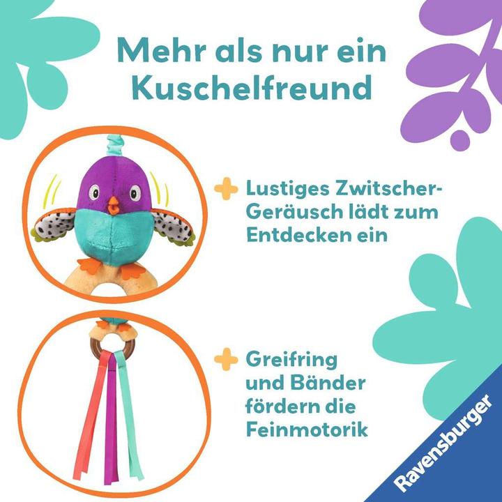 Actual product image Ravensburger 4853 play+ chirping bird, wooden grasping toy, cuddly toy with chirping belly