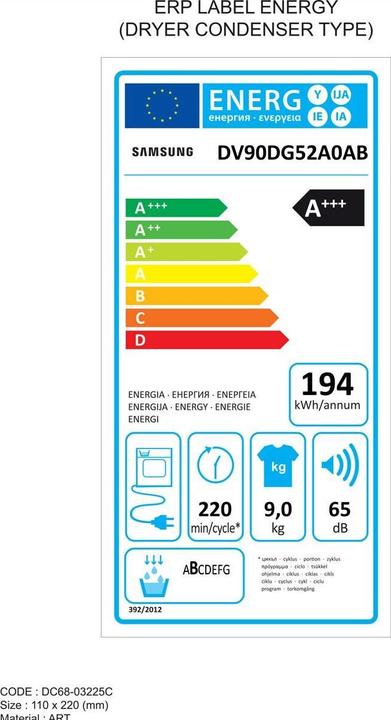 Label énergétique Samsung Wäschetrockner DV5000, 9kg, A+++ (9 kg, Droite)