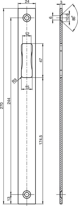 BKS Schliessblech flach/eckig, Austattung Falle 270x24 mm universal Edelstahl (Türschildgarnitur)