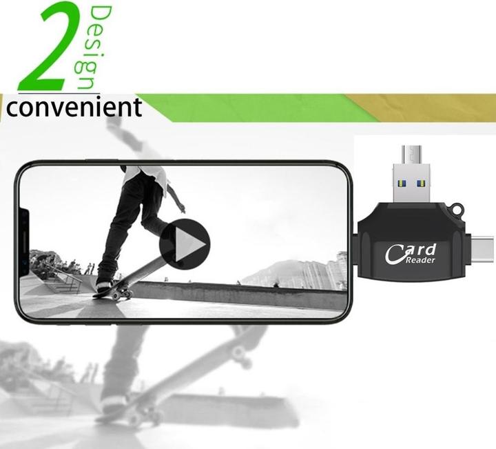 Produktbild Apfelkiste 4in1 Mini-Kartenleser für SD/MicroSD – Lightning, USB C & Micro USB (Schwarz)