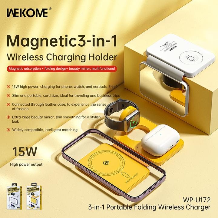 Immagine prodotto Wekome Caricatore wireless 3in1 con MagSafe per iPhone, Apple Watch e AirPods + specchio (giallo) (1 cm)