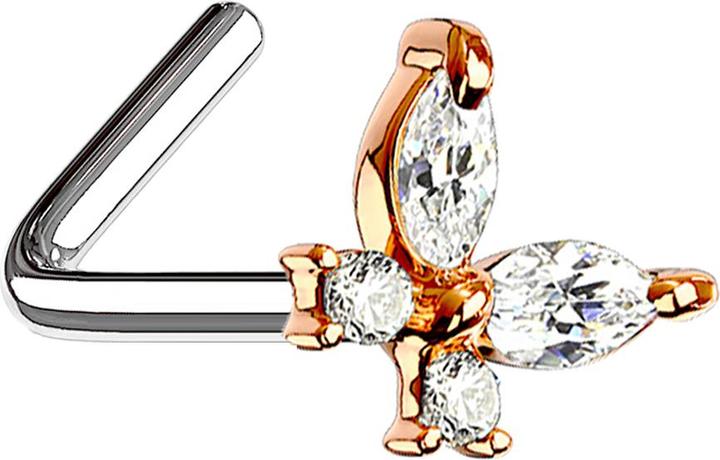 Actual product image Star Piercing Nasenstecker gewinkelt rosegold Schmetterling mit Kristallen silber (Surgical steel 316L, Brass)