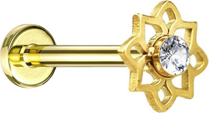 Image du produit Star Piercing Micro Labret Innengewinde vergoldet Blume Kristall silber (Acier chirurgical 316L, sans laiton)