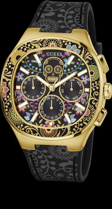 Actual product image Guess BR GLD CS W/ DIGITAL PRINTED TR / SUN BLK MF DL / BLK SILICONE STRP W/ PRINTING Wristwatch (44 mm)