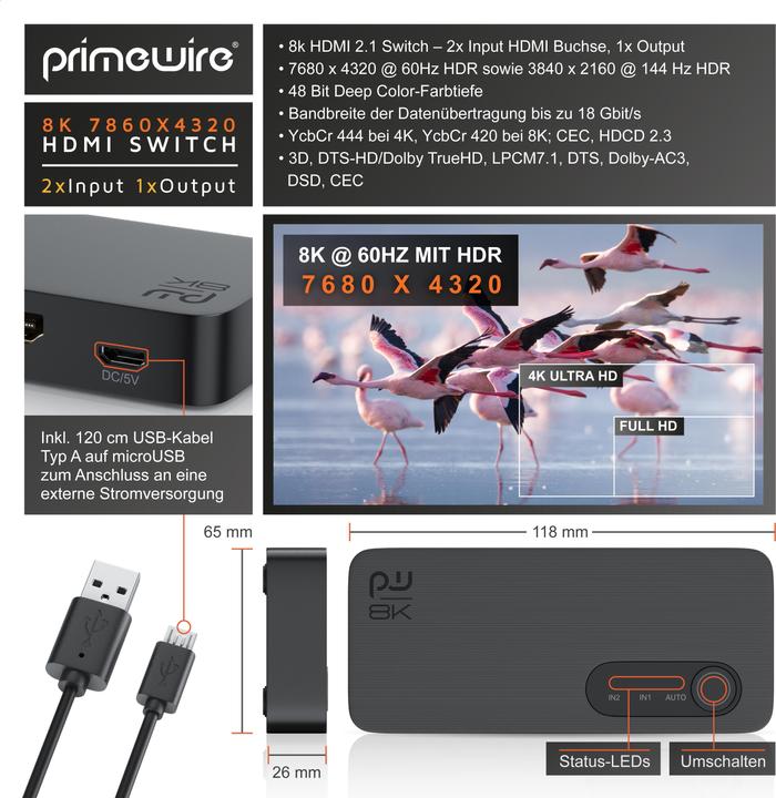 Immagine prodotto Primewire Splitter HDMI a 2 porte, switch HDMI in alluminio 8K 2 in 1 Out UHD, distributore, switcher, 4K 3D