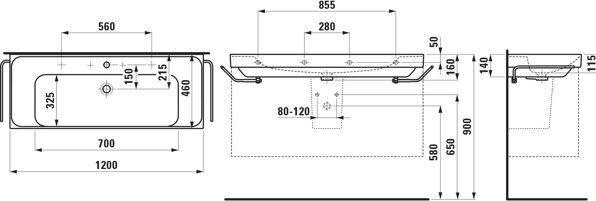 Actual product image Laufen Meda washbasin, undermountable, 1200x460mm, shelf on both sides, without tap hole, without ov (1270 mm, 240 mm)