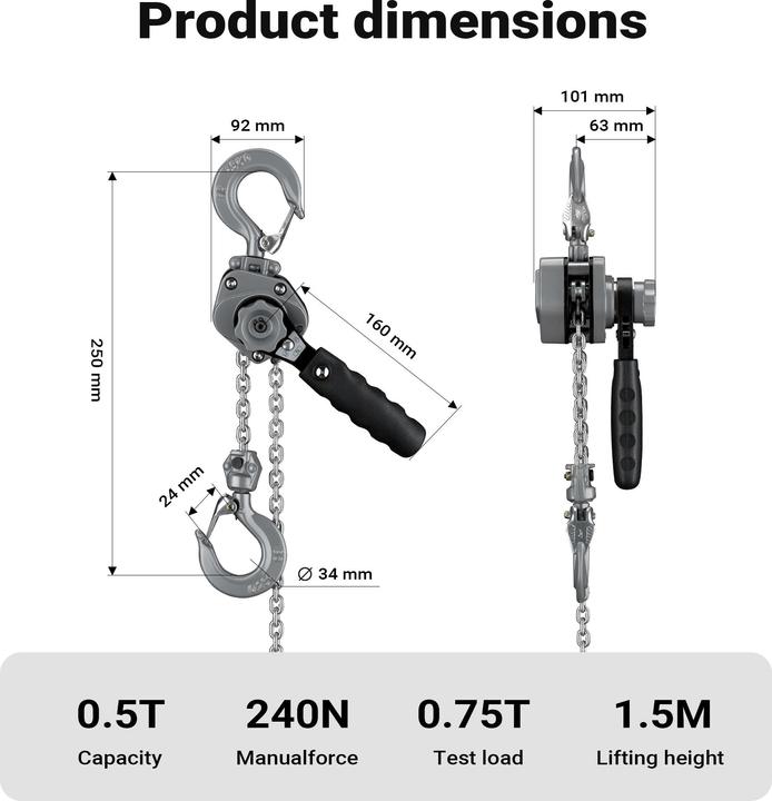 Image du produit Wiltec Palan chaîne manuel levier VM0.5 mécanique 0,5t 1,5m Hauteur levage 1,5m