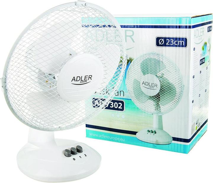 Produktbild Adler Tischventilator Durchmesser 23cm weiss/35 Watt, Schutzgitter (56 dB)